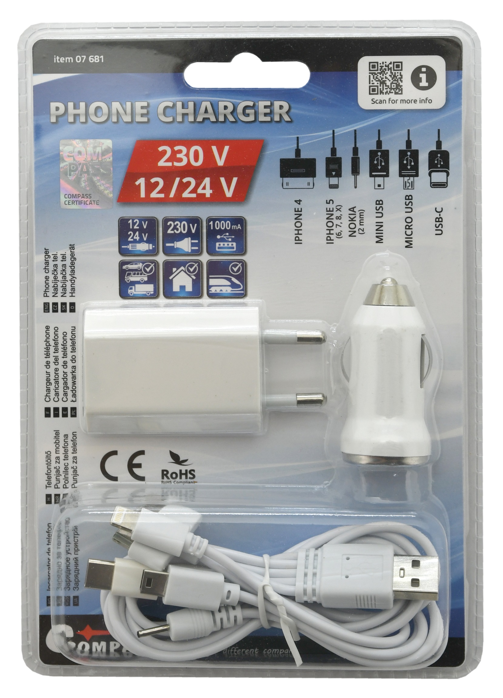 Nabíječka telefonu 230/12V 2,1A (Iphone, miniUSB, microUSB, USB-C)